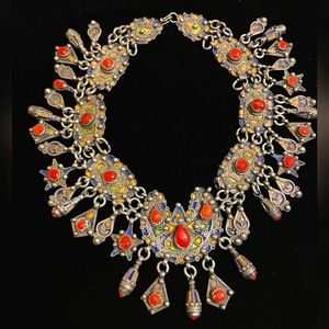 1920-1930s Algerian Berber Kabyle Fine Sterling Silver Red Coral Enamel Necklace
